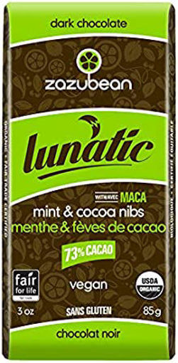 Picture of Lunatic, Dark Chocolate, 73% Cacao, Mint & Cocoa Nibs wMaca, Organic
